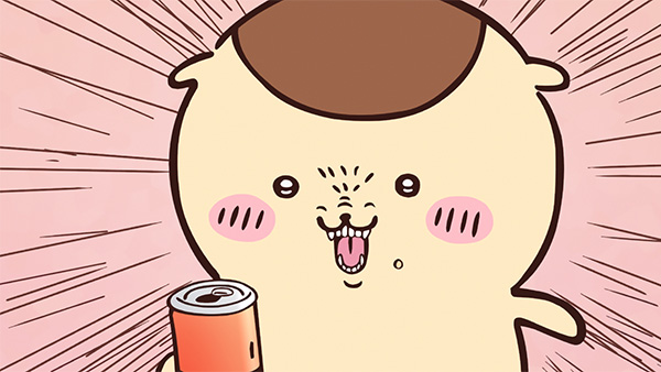 ピンクの集中線を背景に、栗色のあたまをしたくりまんじゅうが口を大きく開けて笑い、手前に赤い缶が置かれている、アニメ「ちいかわ」第35話「くりまんじゅう／乗りマンボー」の場面