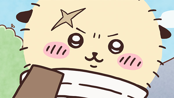クリーム色のふわふわした丸い顔に、おでこの星形の模様とこげ茶の小さな耳をもつラッコが、きりっとした目つきでこちらを見ている。首もとには白い布を巻き、茶色い刀の柄のようなものが手前に写っている、アニメ「ちいかわ」第51話「虫、ギチギチ／危なかった・・・な」の場面