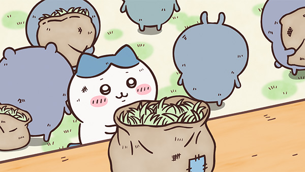 木のカウンターの前で、ハチワレが刈った草でいっぱいの布袋を差し出し、まわりには同じように草の袋を抱えた子たちが並んでいる、アニメ「ちいかわ」第64話「お手柄」の場面