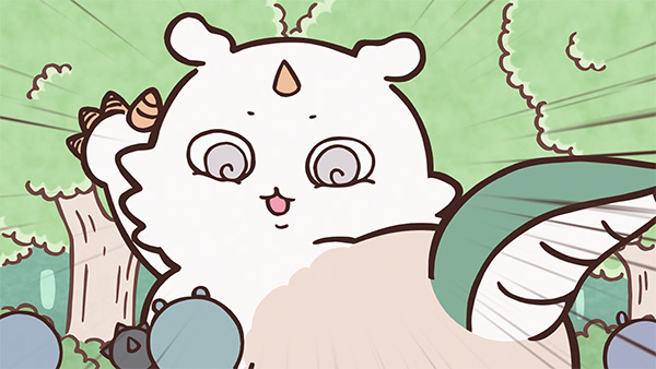 角のある大きくて白いあのこが草むらから顔を出す、アニメ「ちいかわ」第178話「あのこ」の場面