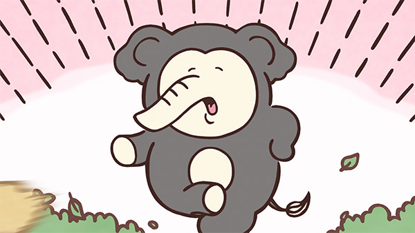 長い鼻と大きな耳の相手が草の上に立つ、アニメ「ちいかわ」第350話「あくむ②」の場面